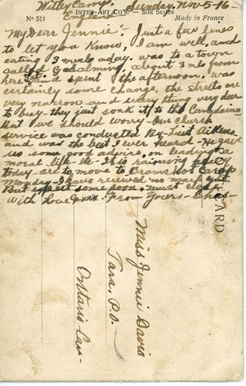 Postcard, Charles Reed to J. Davis mentining Lt. Aiken, 1916
